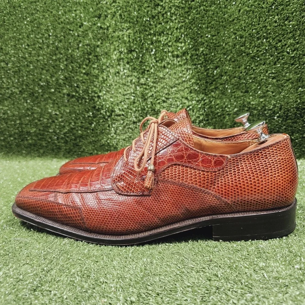 David Eden Genuine Crocodile Square Toe Brown Leather Oxford Shoes Mens 13